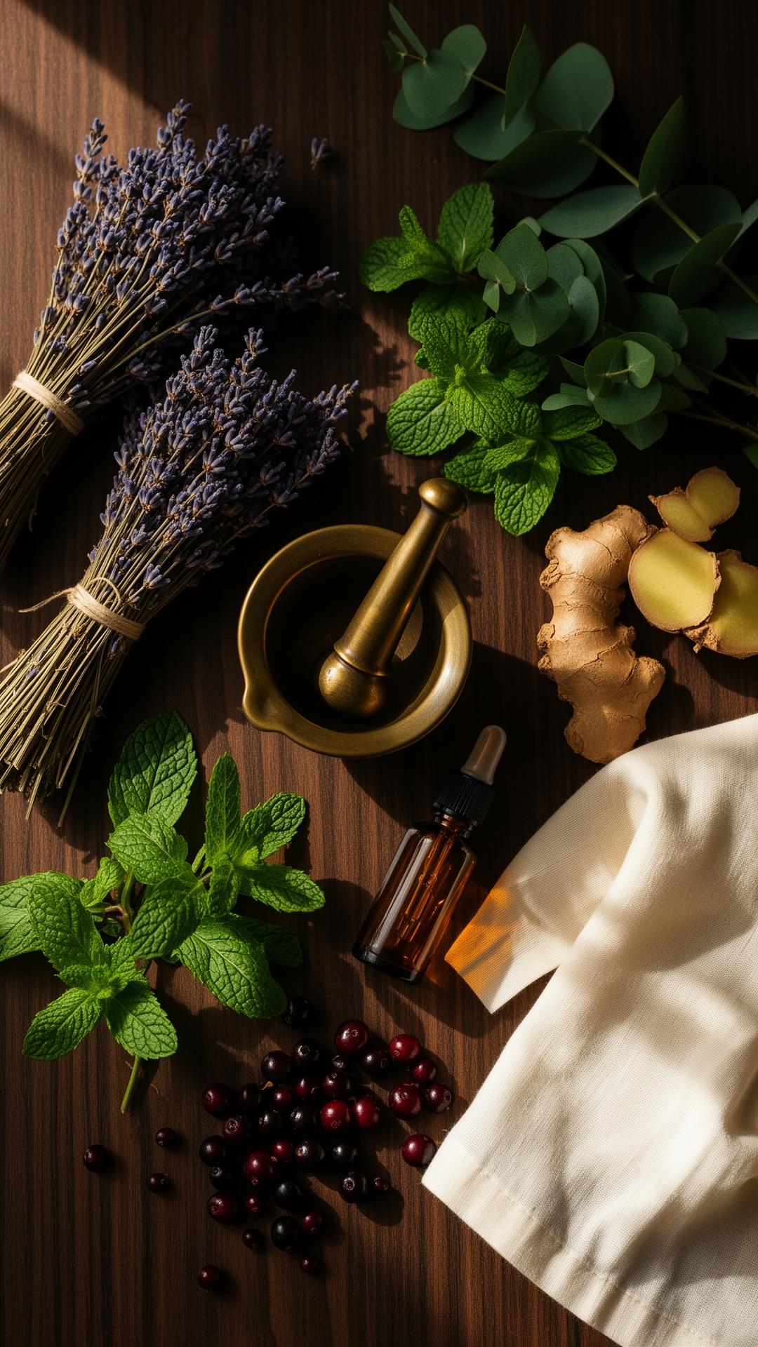 Apothecary flat lay with dried lavender, mint, mortar and pestle, amber bottle
